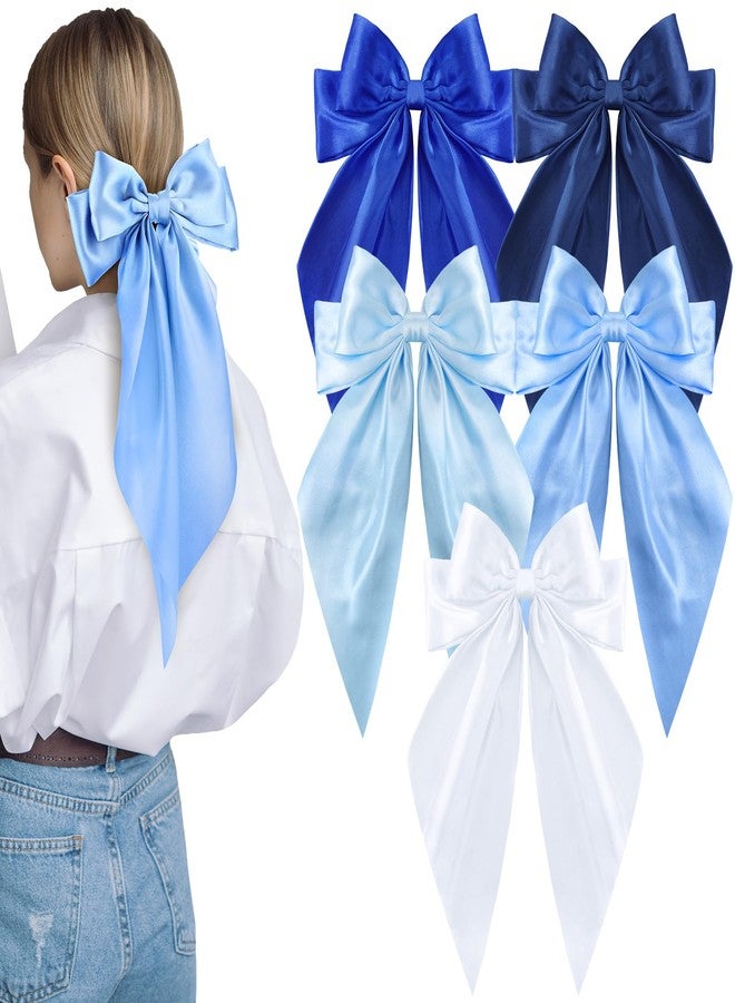 ProSuites 5 Pcs Blue Hair Bows for Women, Silky Satin Large Hair Clips for Girls, Long Tail Hair Ribbon Accessories - Image 1